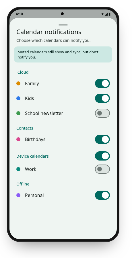 The Calendar notifications screen with a switch for each calendar, the school newsletter and a work calendar muted