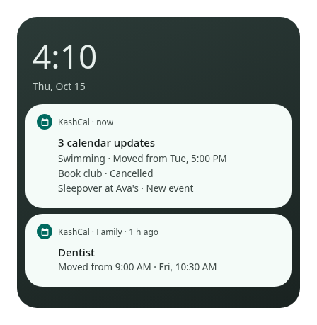 Two KashCal change notifications: three calendar updates listed one per line, and a single moved dentist appointment