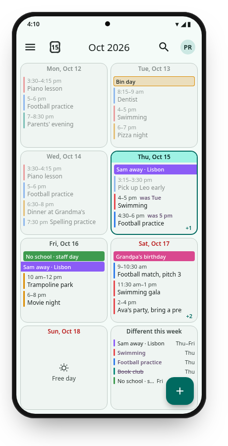The Planner showing a family's week: seven day boxes with events, and a Different this week box