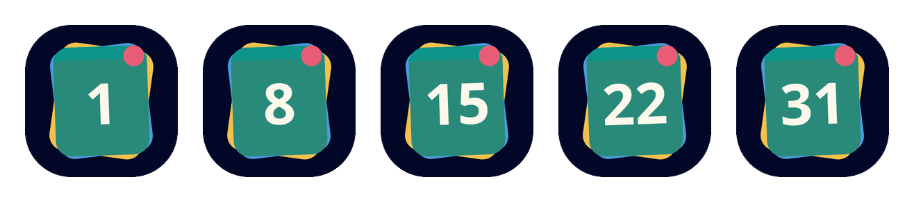 Five KashCal app icons showing the dates 1, 8, 15, 22 and 31