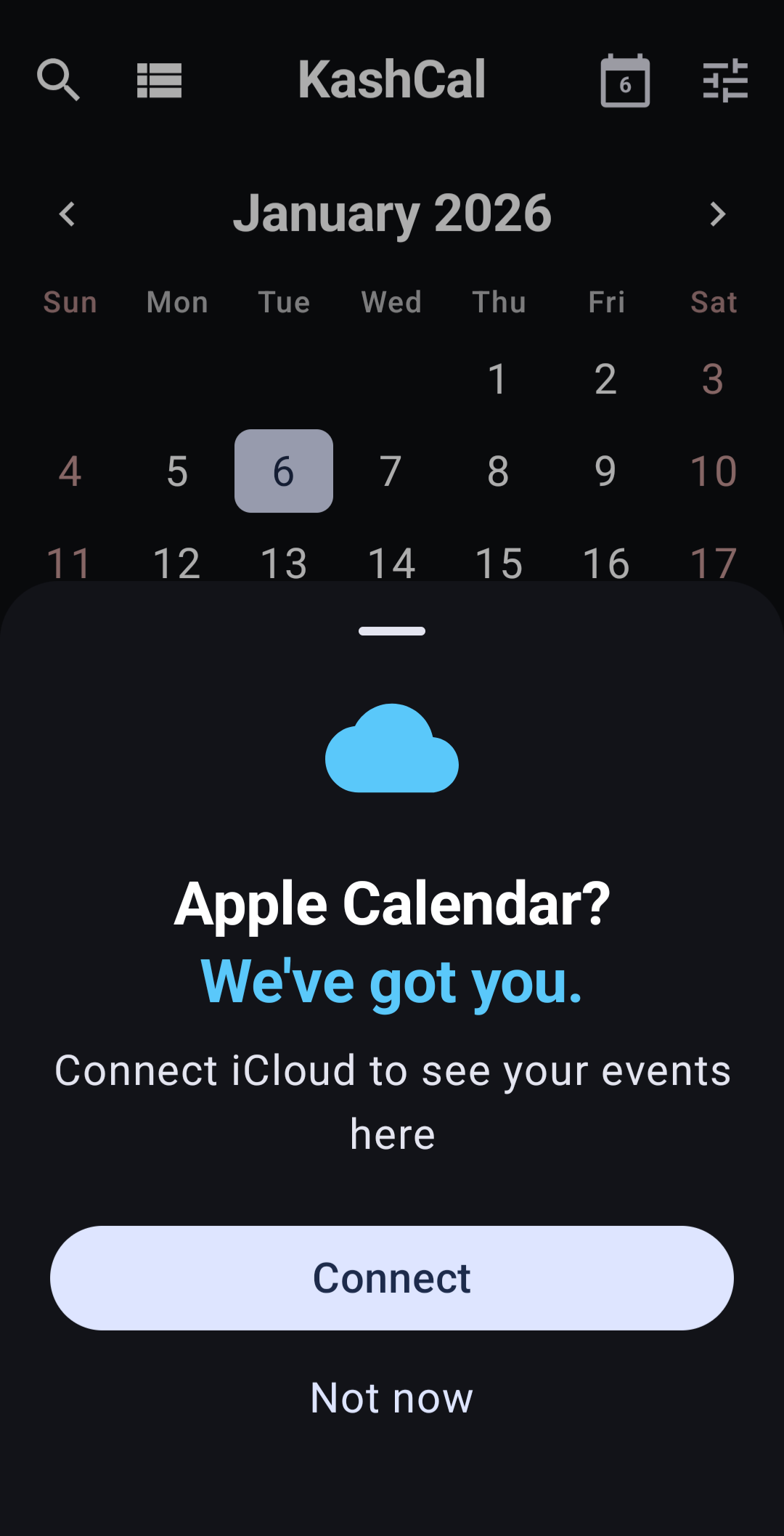 KashCal iCloud connect prompt