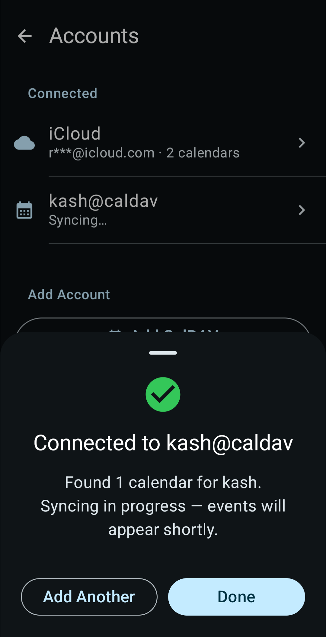 KashCal CalDAV account sign-in screen