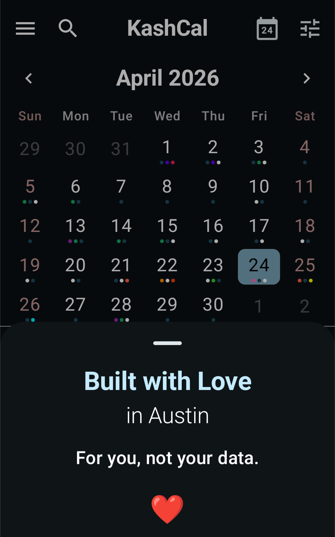 KashCal home screen with all calendars