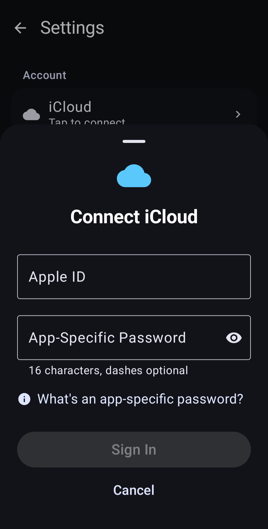 KashCal iCloud sign-in screen